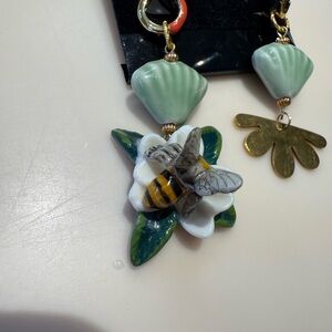 Whimsical Mismatched Bee & Flower‎ Statement Earrings One of a Kind Artisan